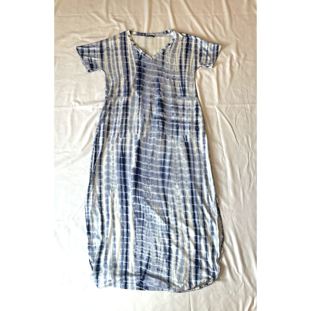 Huskary Maxi Dress Large V-Neck 18"Side Slits  Cream Comfort Tye Dye Pockets